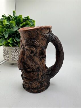 Vintage Tiki Face Mug Primitive Ceramic Wood Grain Style Sculpted Mug Cup